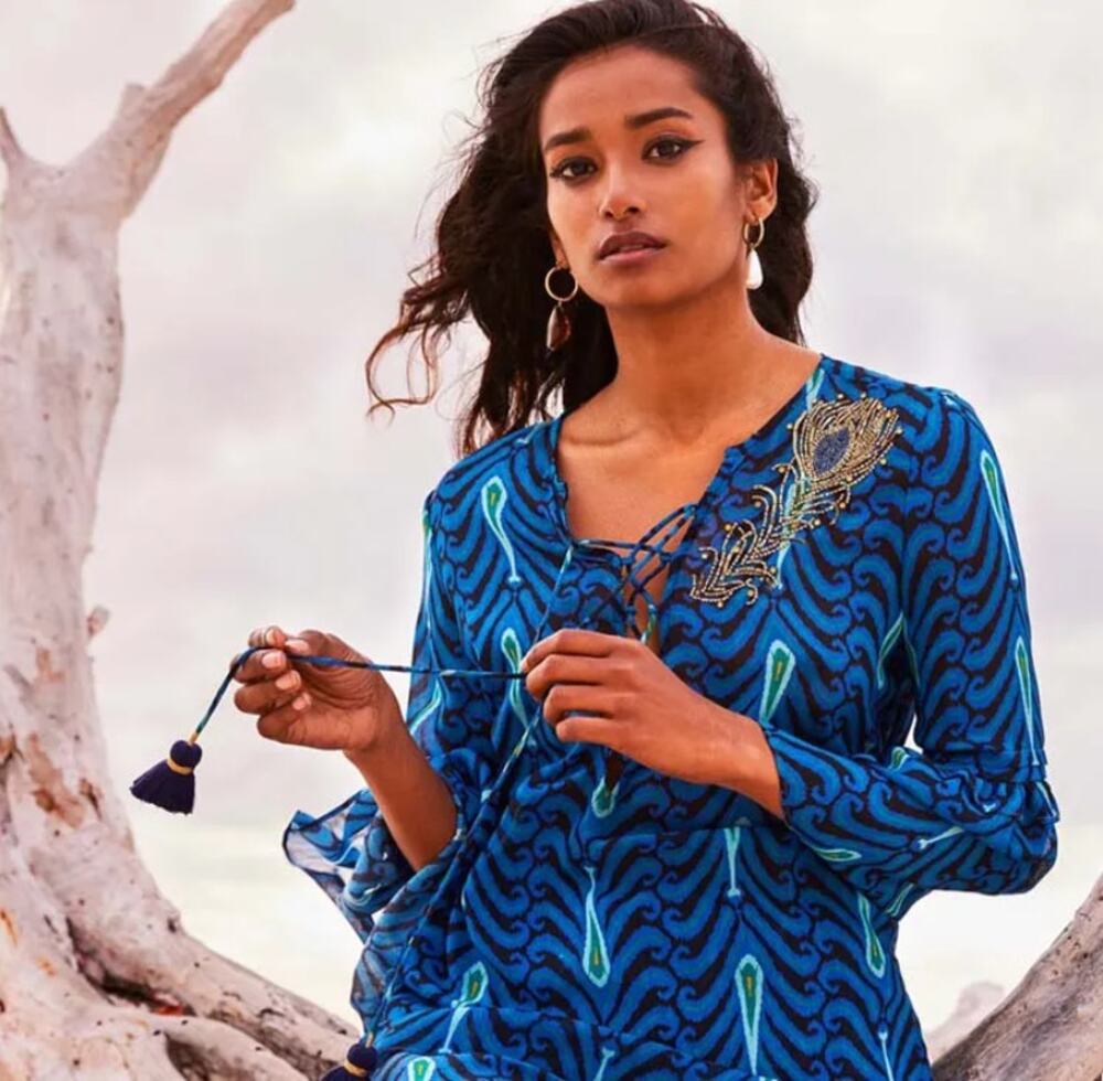 NWT Disney x Figue Ameena Aladdin Beaded Blue Silk Top Women size Large MSRP 575